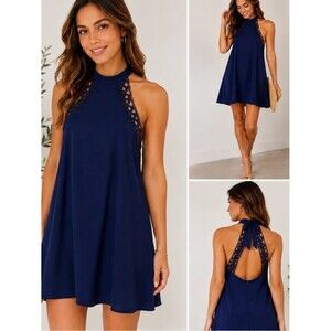 Lulus Any Sway Shape or Form Navy Blue Lace Halter Dress Medium homecoming